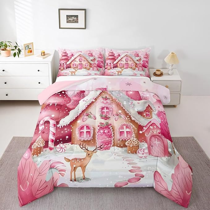 jejeloiu Kids Christmas Theme Comforter Set Queen Size Pink Xmas Candy Cane House Bedding Set for Boys Girls Teens Cute Cartoon Deer Winter Animal Happy New Year Duvet Quilt Room Decor