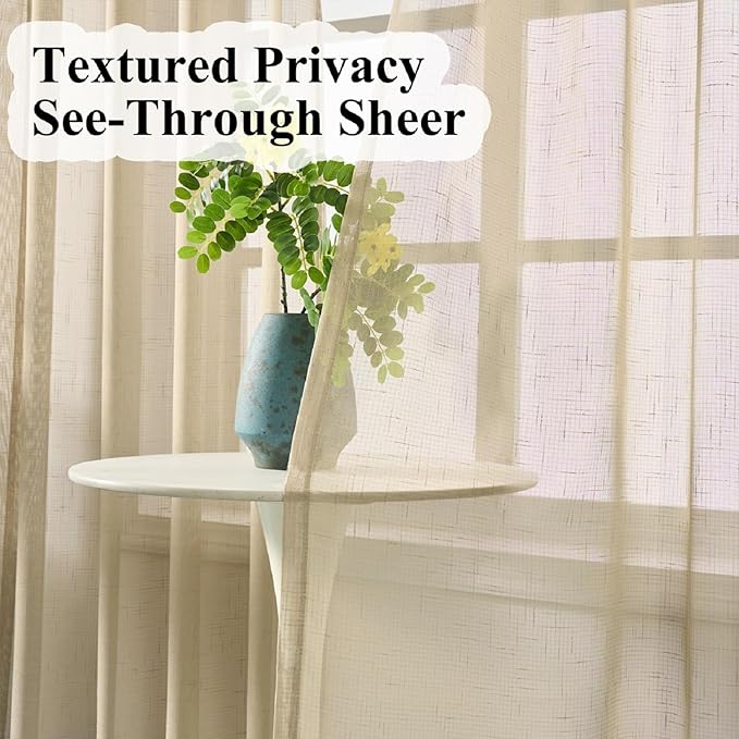 Taupe Sheer Curtains 84 Inches Long, Neutral Linen Look Textured Light Filtering Drapes Decor, Tan Beige Transparent Window Treatments, Rustic Pinch Pleat Curtain with Hooks