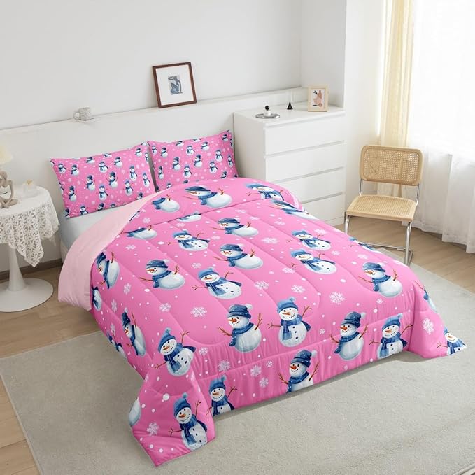 jejeloiu Kids Cute Winter Snowman Comforter Set Twin Size Pink Christmas Theme Bedding Set for Boys Girls Teens Xmas Snowflake Happy New Year Duvet Quilt Room Decor