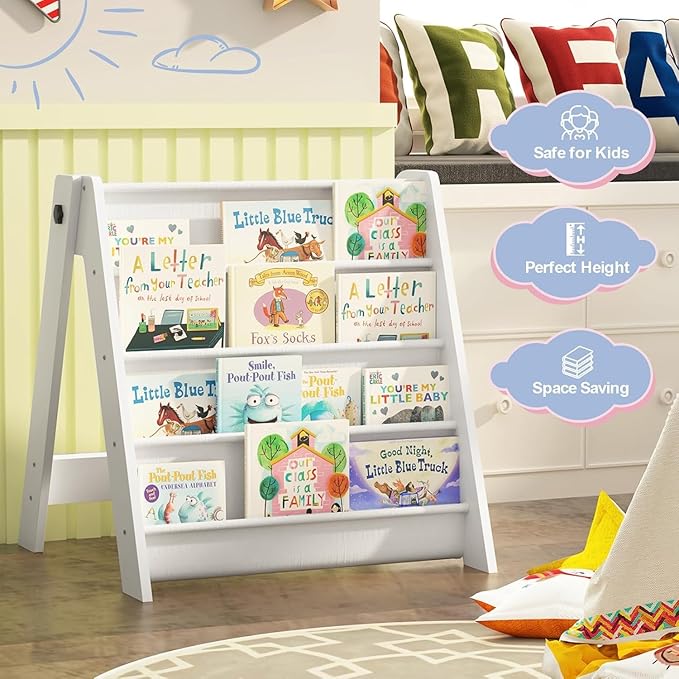 NACHES Montessori Kids Bookshelf Fabric Sling Pockets – Front Facing Toddler Book Display and Toy Storage Organizer for Nursery Playroom or Bedroom 23" Wide (White, Small)