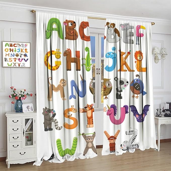 Kids Alphabet Curtains Cartoon Animal Baby Children Funny Learning Educational Curtain with Rod Pocket for Bedroom Nursery Decor Drapes Window Treatments 2 Panels Set 72x63in