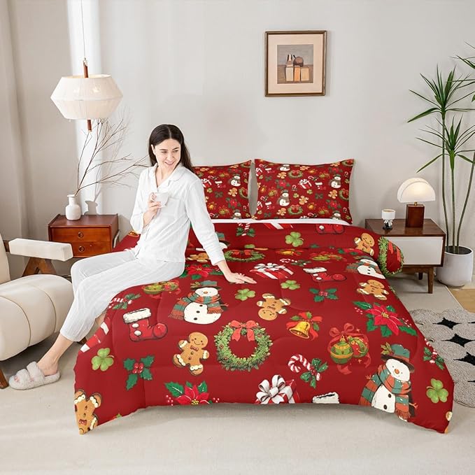 jejeloiu Merry Christmas Comforter Set Twin Size Cute Snowman Bedding Set for Kids Boys Girls Gingerbread Man Duvet Quilt Red Bedroom Decor