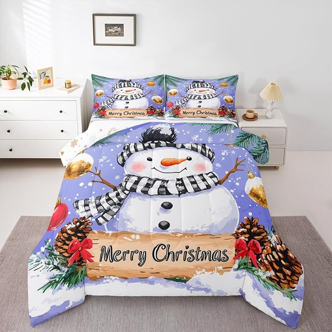 Feelyou Merry Christmas Comforter Set All Season Cute Snowman Bedding Set with 1 Pillow Cases Snowflake Microfiber Kids Twin Bedclothes Winter Bedroom Decor Duvet Quilt Breathable Soft Lightweight