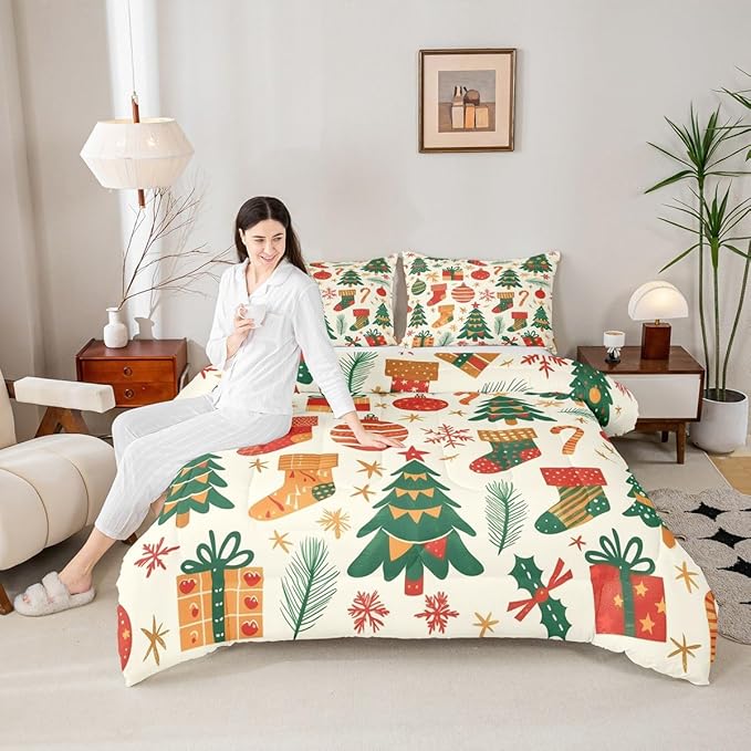 Feelyou Christmas Comforter Set All Season Xmas Tree Bedding Set with 2 Pillow Cases New Year Gift Microfiber Kids Full Bedclothes Christmas Stockings Bedroom Decor Duvet Quilt Breathable Soft