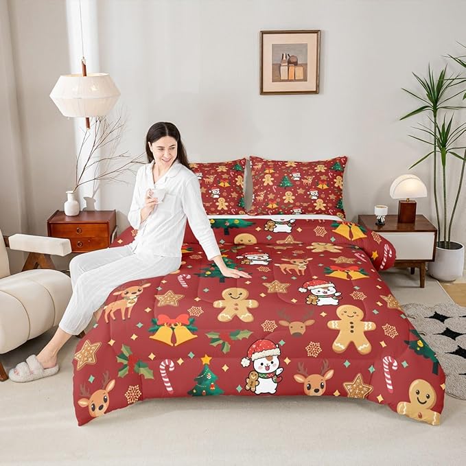 Feelyou Merry Christmas Comforter Set Queen Size Gingerbread Man Bedding Set for Kids Boys Girls Cute Deer Duvet Quilt Christmas Tree Microfiber 3 Pcs with 2 Pillow Cases