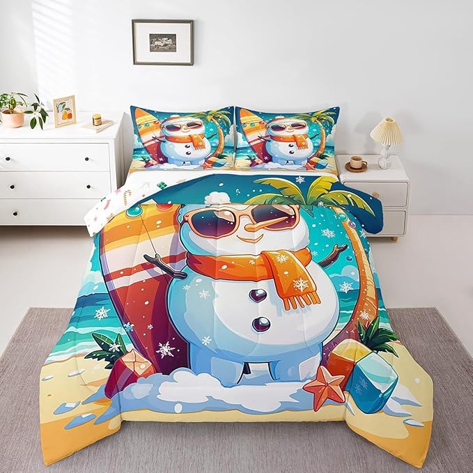 Manfei Cute Snowman Comforter Set Twin Size, Christmas Theme Bedding Set for Kids Boys Girls, Beach Surfboard Palm Tree Down Comforter for All Season, Lightweight Duvet Insert, 1 Pillowcase