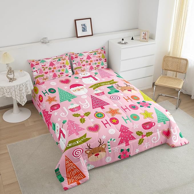 Merry Christmas Kids Comforter Set Queen Size,Cartoon Santa Claus Snowman Bedding Set,Boys Girls Adults Room Decor,Christmas Trees Deer Cute Down Comforter,Pink Romantic Duvet Insert,2 Pillowcases