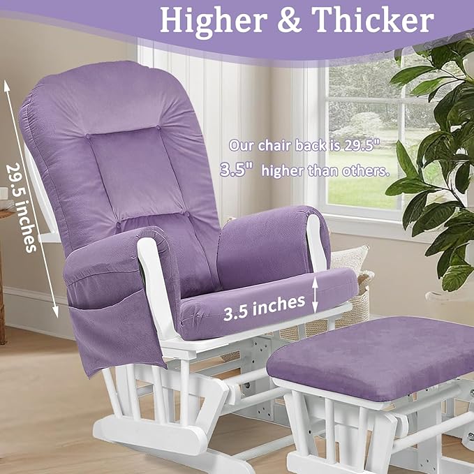 BECHAEO 5PCS Velvet Glider Rocker Replacement Cushions with Ottoman Cover Soft Thicken Rocking Chair Cushion Set for Indoor Nursery Glider Rocking Chair, Lavender
