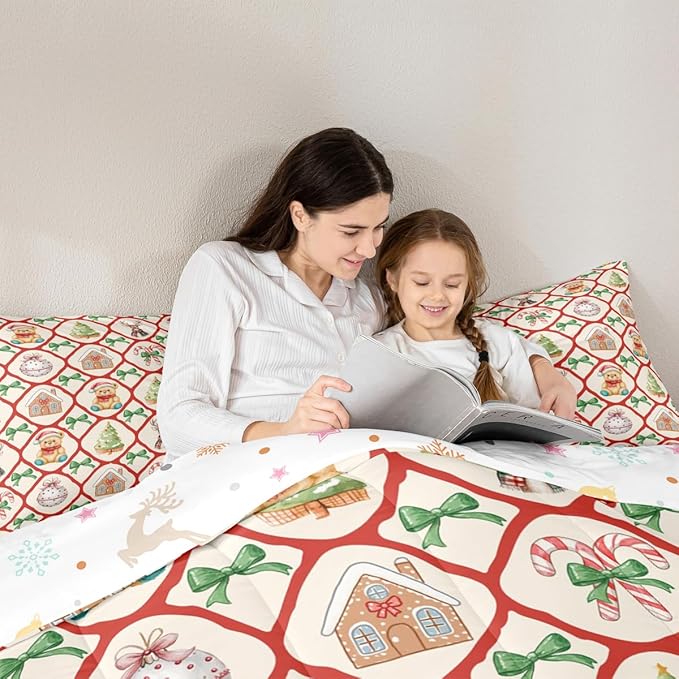 Merry Christmas Kids Comforter Set Queen Size,Kawaii Bowknot Xmas Bear Bedding Set,Room Decor,Pine Tree Geometric Lattice Quilt Comforter,Beige Red Green Duvet Set Bedroom Quilt Set,2 Pillowcases