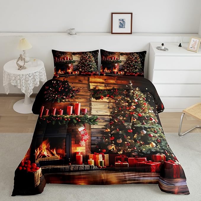 Merry Christmas Comforter Set - Twin Size, 3D Christmas Fireplace & Tree Bedding Set for Kids' Rooms, Xmas Theme Quilt Set (2Pcs), Retro Wooden Stripes Duvet Insert, 1 Pillowcase