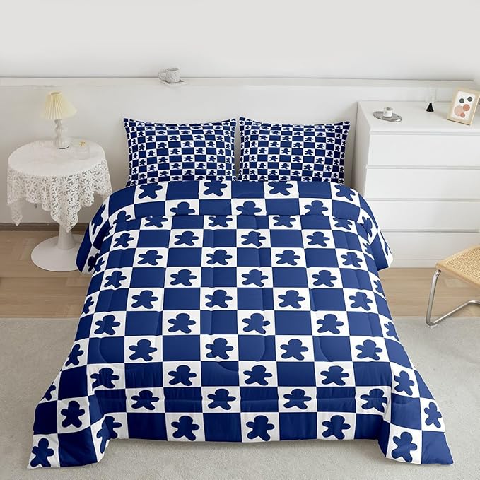 Feelyou Christmas Kids Comforter Set Queen Size Checkered Bedding Set Gingerbread Man Duvet Quilt for Kids Boys Girls Bedroom Xmas Decorations Decor Blue Microfiber Ultra Soft Breathable