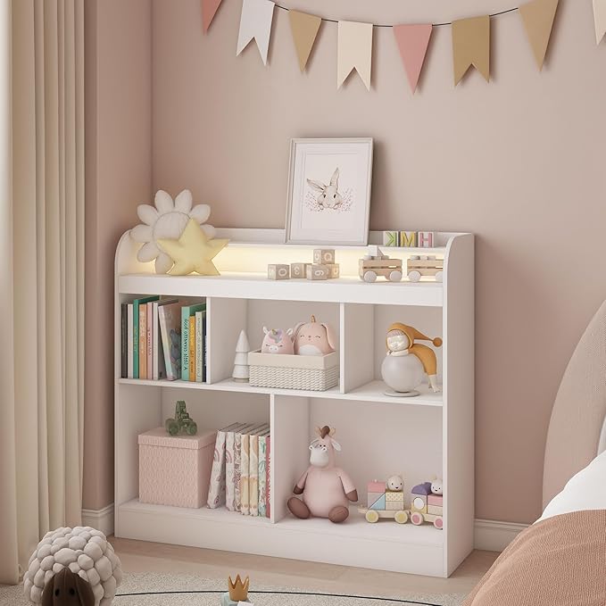 Lkeiyay Open Shelf Kids Bookcase，Montessori Toy Organizer with LED Lights - White Wooden Open Bookcase for Kids, Bedroom, Back to School，Playrooms & Nurseries