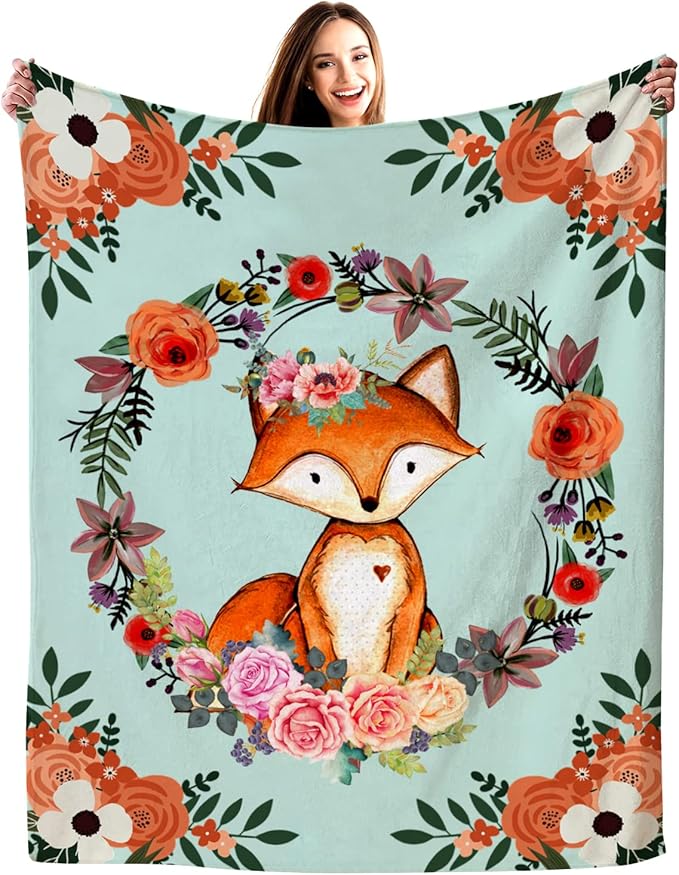 Fox Blanket Flower Fox Print Throw Blanket Ultra Soft Flannel Blankets Gifts for Kids Adults 60"x50"