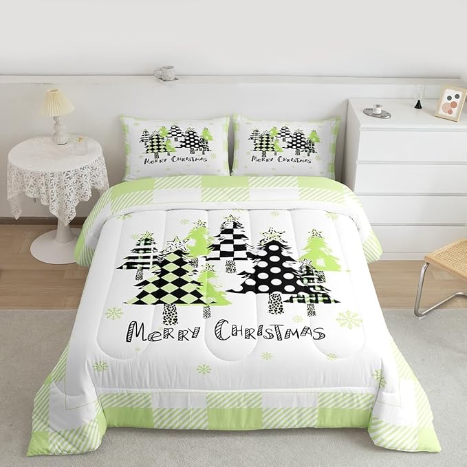 Manfei Xmas Trees Comforter Set Twin Size, Green Plaid Grid Snowflake Bedding Set 2pcs for Kids Girls Adults Bedroom Decor, Christmas Theme Down Comforter New Year Quilt Set with 1 Pillowcase