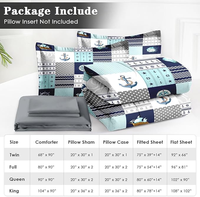 5 Pcs Twin Size Comforter Set with Pillowcase & Sham, Nautical Blue Marine Summer Bedding for Kids and Adults, Sea Ocean Boat Plaid Bed in a Bag with Flat Fitted Sheet