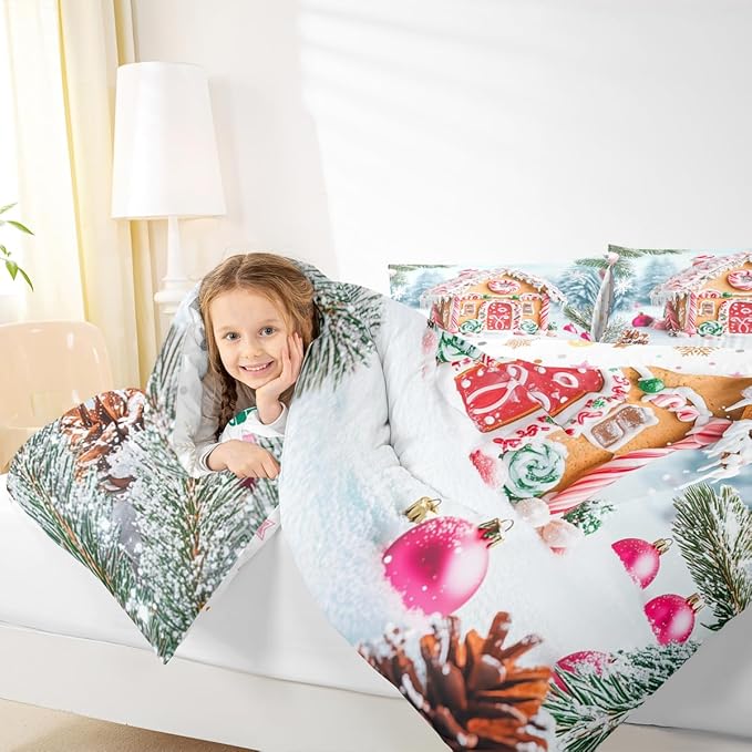 Feelyou Christmas Snowscape House Landscape Bedding Set Soft for Boys Girls,Gingerbread House Comforter Set Twin Size Candy Canes Duvet Quilt Pine Branches Bedroom Decor 2 Pcs with 1 Pillow Cases