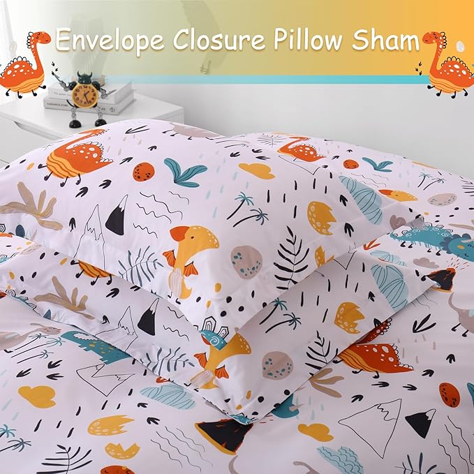 JSD Dinosaur Kids Duvet Cover Set Twin Size, 2 Piece Soft Printed Microfiber Bedding Comforter Cover with Pillow Sham Zipper Closure, Comforter Not Included