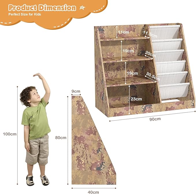 NACHES Kid Bookshelf Toddler Montessori Bookcase, with 5 Sling 4 Tier Shelf, for Bedroom, Living Room, Nursery, Playhouse(Camouflage Color)