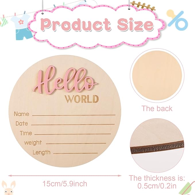 Newborn Announcement Sign, 5.9in Wooden Hello World Baby Welcome Sign Birth Baby Name Plaques for Newborn Boys and Girls Photo Props Shower Hospital Nursery (Light Pink)