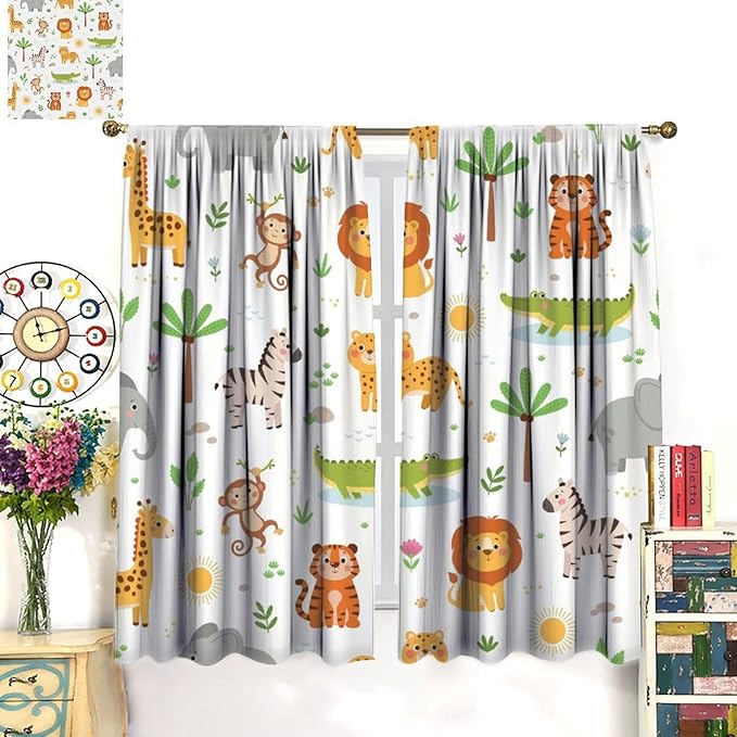 Cartoon Animal Curtains, Safari Woodland Jungle Forest Wildlife Blackout Window Treatments, Rod Pocket Thermal Insulated Drapes 2 Panel Sets for Kids Bedroom Nursery Classroom, 84" W X 84" L