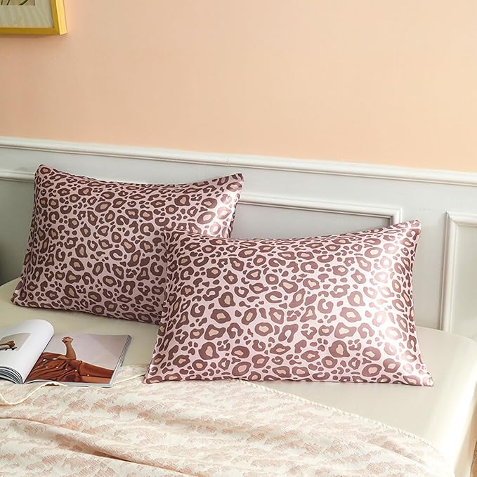 Silky Satin Toddler Pillowcases Pack of 2, 13x18 Inches Pink Leopard Travel Pillowcases with Envelope Closure, Small Kids Pillow Cases Covers