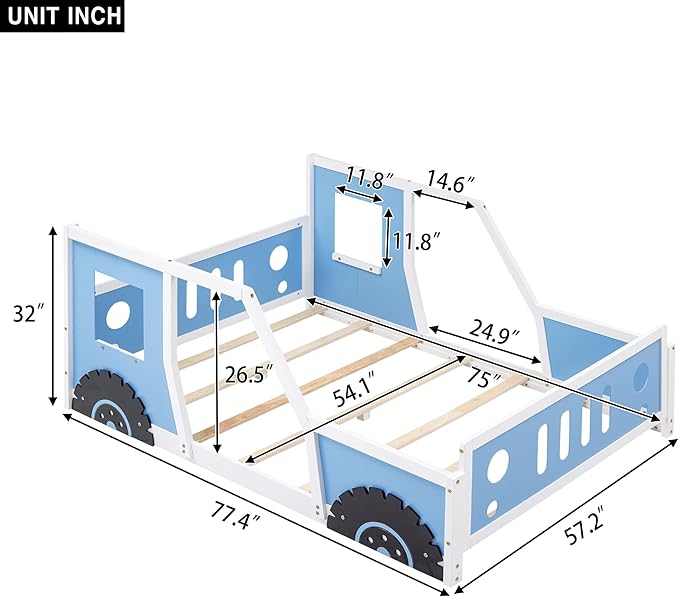 Bellemave Twin Full Size Kids Car Bed, Classic Car-Shaped Platform Bed with Wheels, Wood Full Montessori Floor Bed Frame for Kids Boy Girls, Lightning McQueen Bed (Blue+Black)