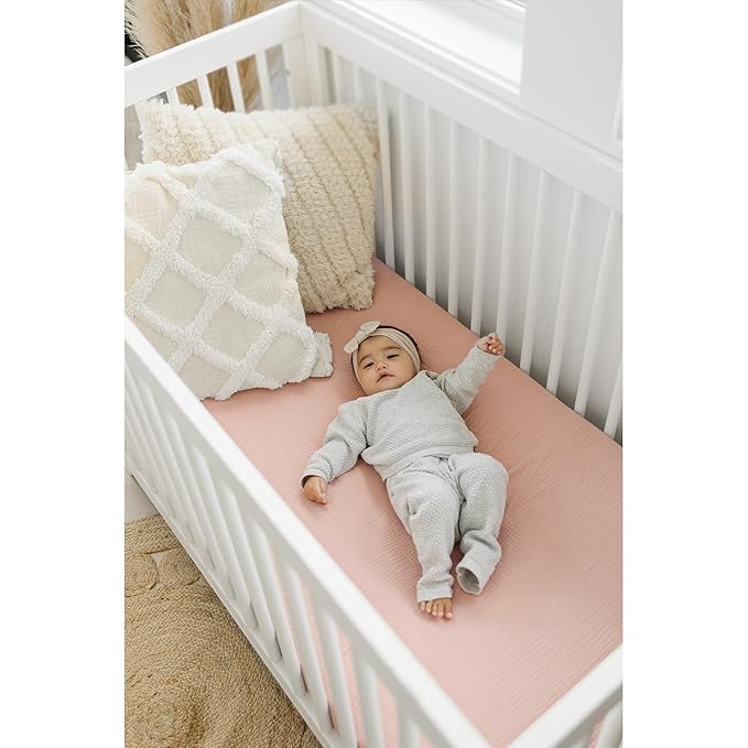 Konssy Muslin Crib Sheets for Girl Boy, 2 PCS Soft and Breathable Cotton Baby Sheets for Standard Crib Mattress, 52"x 28" (Pink, Cream)