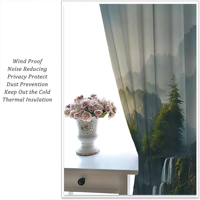 Landscape Theme Waterfall Blackout Curtains, Waterfall Mountains Jungle Printed Natural Scenery Window Drapes, for Bedroom Living Room 42" W X 54" L
