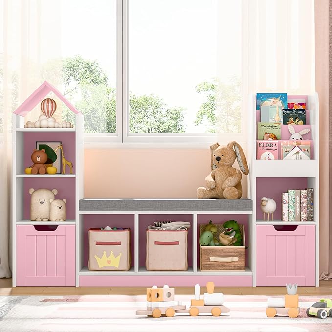 Kids Bookcase with Reading Nook, Bench Kids Bookshelf with 7 Storage Cubbies and 2 Movable Drawers, Multi-Purpose Toy Storage Organizer with Seat Cushion for Playroom, Bedroom, Living Room, Pink