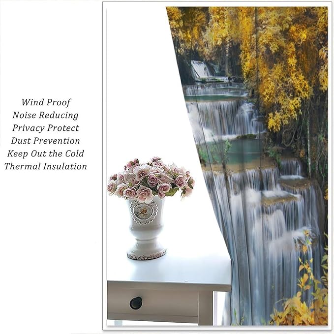 Waterfall Blackout Curtain, Autumn Season Trees Leaves Natural Landscape Window Drapes, for Bedroom Living Room 84" W X 84" L