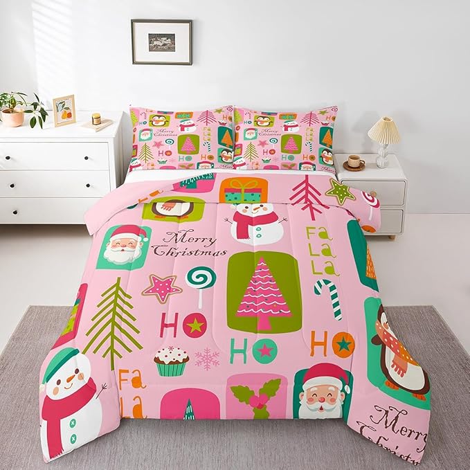 Erosebridal Christmas Kids Comforter Set Twin Size Cartoon Santa Claus Quilts Boys Girls Room Decor Merry Xmas Penguin Bedding Set Christmas Tree Snowman Down Comforter,Pink