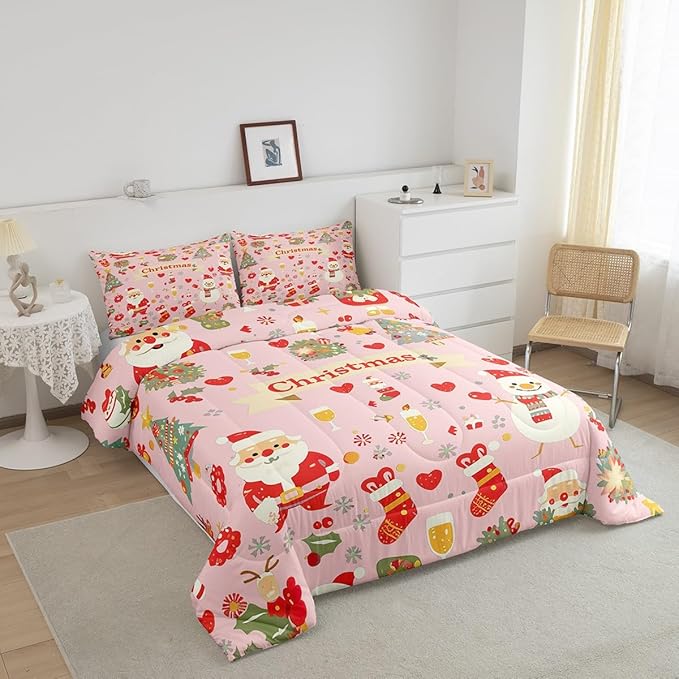 Feelyou Christmas Bedding Set for Kids Boys Girls Full Size Cute Santa Claus Comforter Set Ultra Soft Comforter Xmas Tree Duvet Quilt Bedroom Decor Christmas Decor Quilt