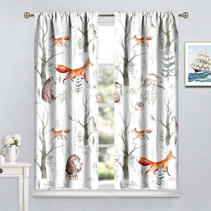 Rustic Forest Window Curtains, Watercolor Woodland Animals Owl Hedgehog Fox Butterfly Forest Squirrel and Bear Blackout Windows Door Curtain for Bedroom Living Room Home Decor 52x84in