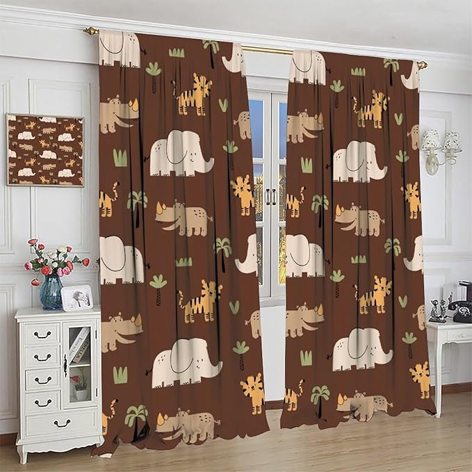 Jungle Safari Animals Blackout Curtains Cartoon Tropical Forest Animals Elephant Tiger Brown Art Print for Kids Boys Bedroom Nursery Rod Pocket Decoration Window Drapes 2 Panels W21xL63in