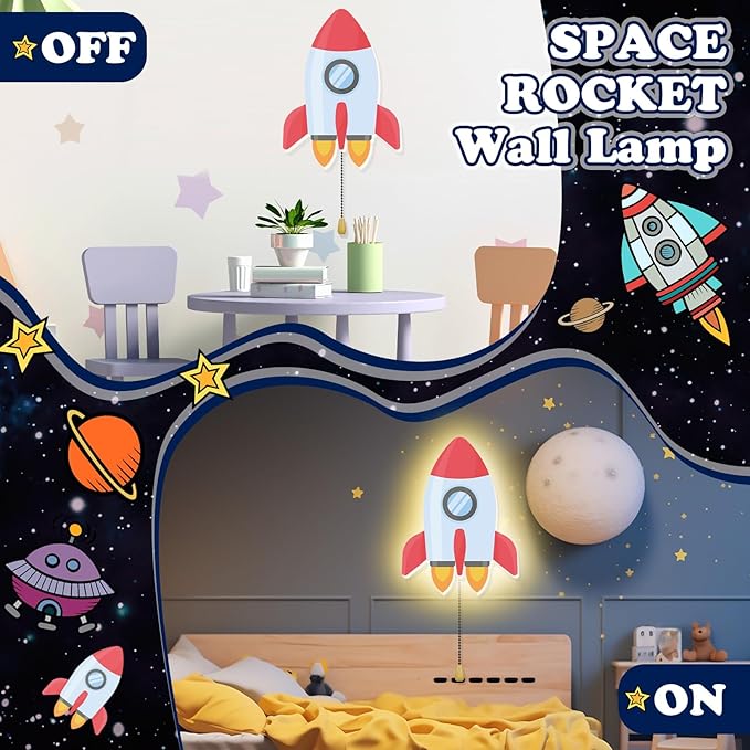 Space Rocket Night Light Wall Lamp Sleeping Nursery Lighting Cute Floating Battery Operated Hanging Lamp for Baby Boys Girls Bedroom Room Nursery Wall Decorations