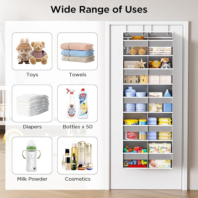 5-Tier Over The Door Organizer with 10 Side Mesh Pockets & Clear Windows, 80 lb Weight Capacity Hanging Storage for Bathroom, Bedroom, Nursery, Kitchen, Organizer Toys, Shoes, Diapers (Grey 2 Pack)
