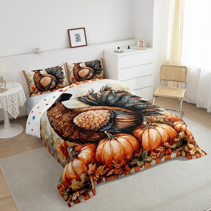 Feelyou Boys Girls Thanksgiving Comforter Cover King Size, Fall Autumn Comforter Set for Turkey Duvet Cover Kids Pumpkin Teens Bedspread Cover Bedroom Decor Bed Set 3Pcs