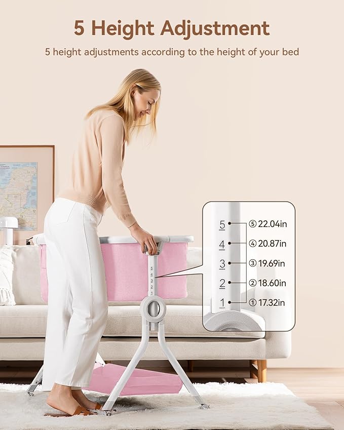 Larex Baby Bassinet, Baby Bassinet Bedside Sleeper with Storage Basket and Wheels, Height Adjustable Portable Crib for Newborn Infant, Easy Assemble and Folding(Pink)