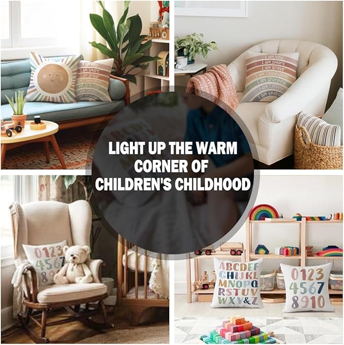 Kids Playroom Decor,Boho Sun Alphabet Throw Pillow Covers,Kids Reading Nook Decor Pillowcase for Classroom Playroom Nursery,18x18 Inch Pillowcase Set of 4