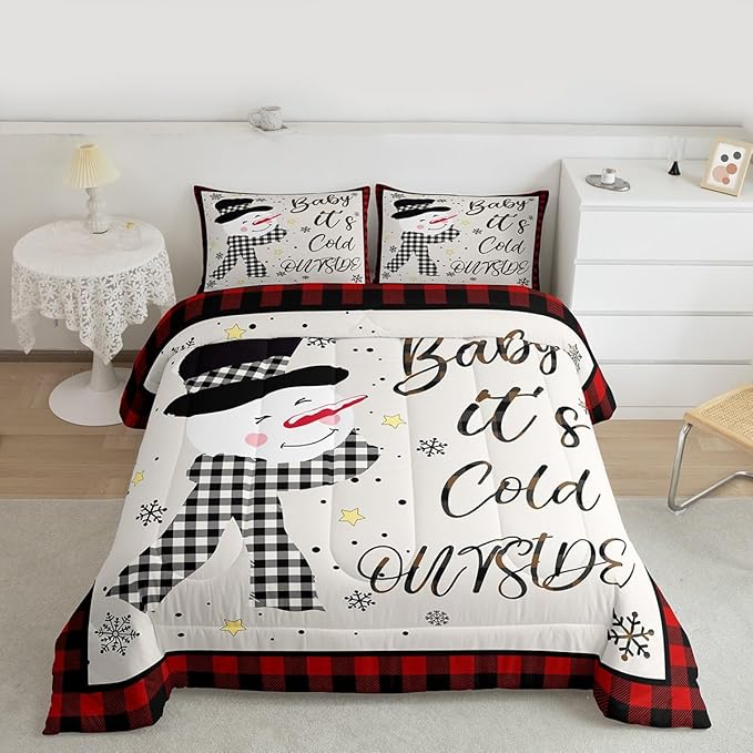 Kids Christmas Snowman Comforter Set King Size,Snowflake Winter Bedding Set,Girls Boys Adults Xmas Decor,Geometric Grids Lattices Patch Down Comforter,Red Rustic Vintage Duvet Insert,2 Pillowcases
