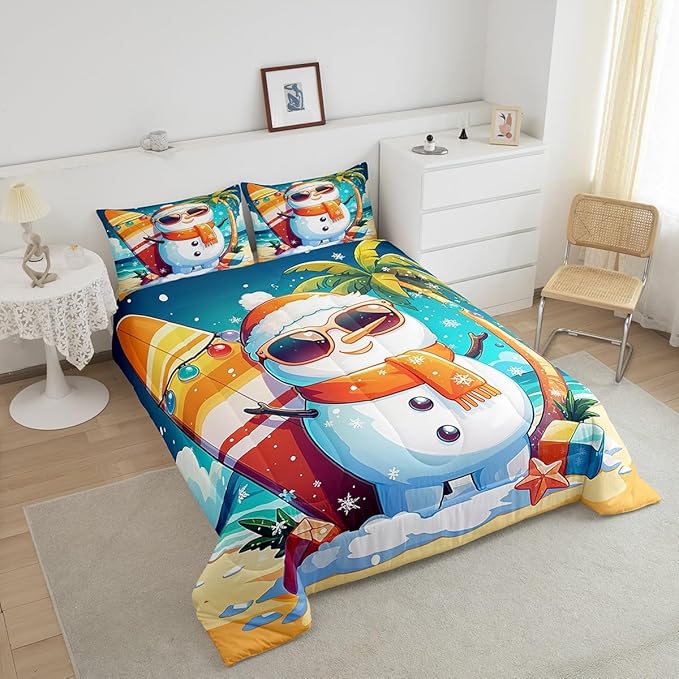 Manfei Cute Snowman Comforter Set Queen Size, Christmas Theme Bedding Set for Kids Boys Girls, Beach Surfboard Palm Tree Down Comforter for All Season, Lightweight Duvet Insert, 2 Pillowcases