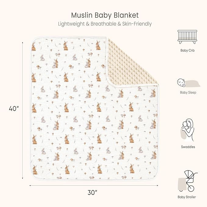 lulumoon Baby Blankets for Newborn Unisex: Thermal Minky Dotted Backing with Bunny Print - Muslin Receiving Blanket for Baby Essential & Registry Gift 30"x40"(Bunny)