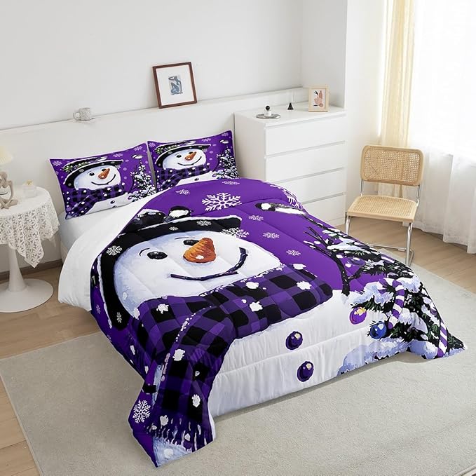 Feelyou Kids Christmas Theme Decorations Bedding Set Xmas Snowman Comforter Set for Boys Girls Snowflake Kawaii Cute Purple Bedroom Collection Twin Size