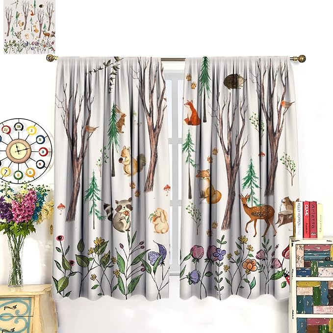 Forest Animal Kids Curtains, Watercolor Cartoon Window Treatments, Cute Animal Floral Girl Toddler Home Bedroom Living Room Drapes 63x72in