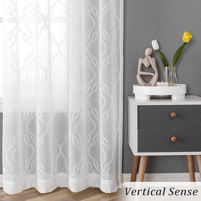 VISIONTEX Sheer Curtains 72 Inches Long 2 Panels Set, White Moroccan Embroidery Texture Geometric Rod Pocket White Voile Tulle Semi Window Treatment Pair for Bedroom, W54 x L72