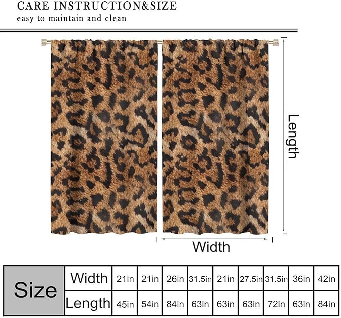 Leopard Print Window Curtains, Animal Fur Skin Brown Farmhouse Wild 3D Rustic Safari Theme Window Treatments for Kids Bedroom Living Room 42" W X 54" L