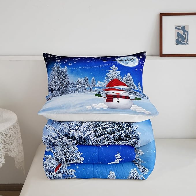 Feelyou Christmas Twin Size Comforter Set Snowman Decorations Bedding Set for Kids Boys Girls Xmas Winter Decor Blue Quilt Room 2Pcs