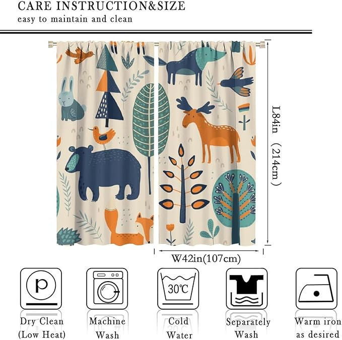 Kids Forest Animal Curtains, Rustic Cartoon Cute Wild Animal Window Treatments Woodland Safari Animal Fox Deer Bear Window Drapes for Girls Boys Nursery Toddler Bedroom 84x84in