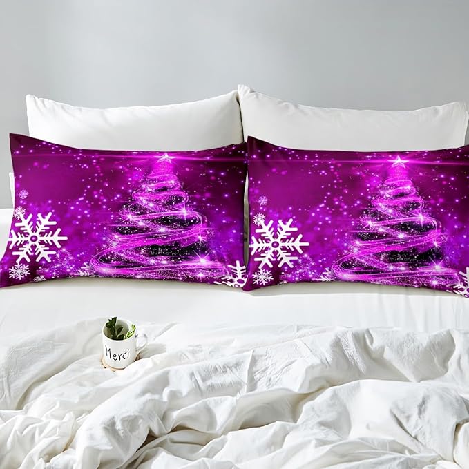 Manfei Purple Xmas Tree Duvet Cover Set King Size, White Snowflake Print Comforter Cover with 2 Pillowcases, New Year Theme Bedding Set 3pcs for Kids Boys Girls Bedroom Decor,No Comforter