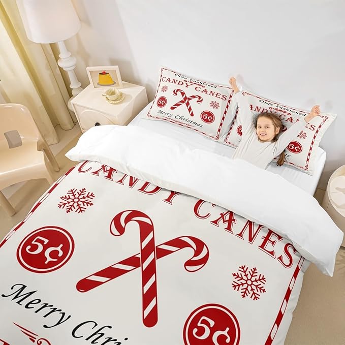 jejeloiu Christmas Bedding Set for Kids Boys Girls Christmas Quote Comforter Cover Set King Size Candy Canes Print Duvet Cover Bedroom Decor Xmas White Bedspread Cover Bedding Collection 3Pcs